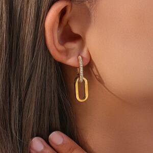 18K Gold Plated Zircon Chain Drop‎ Earrings Stainless Steel